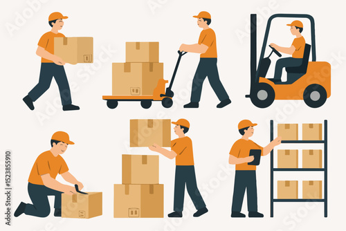 Logistics Dynamics: Illustrated collection of warehouse workers in various stages of their job functions, handling packages, and using equipment.