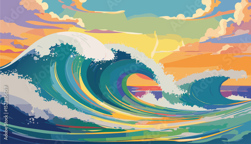 Vector Illustration of a Sea Wave Scene with Ocean Background
