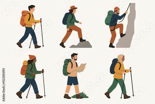 Vector illustration set of diverse characters hiking, climbing, and trekking with outdoor adventure gear.
