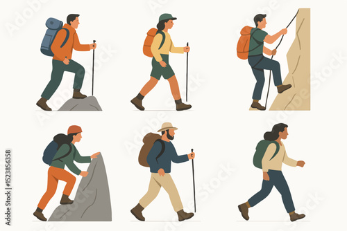 Vector illustration set of diverse characters hiking, climbing, and trekking with outdoor adventure gear.
