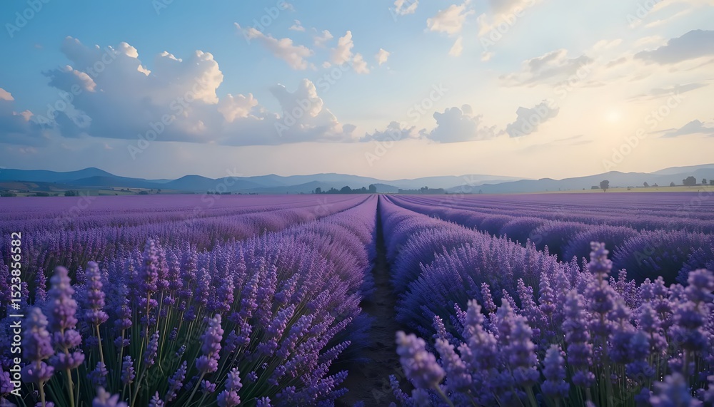 Fototapeta premium Lavender field at dusk with rows of purple flowers under a blue sky with white clouds and distant hills