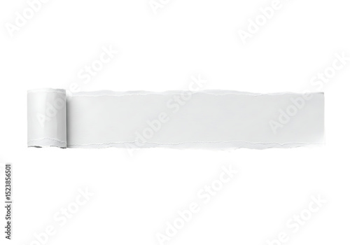 Torn White Paper Strip with Rolled Edge on Black Background for Graphic Design Element or Message Overlay
