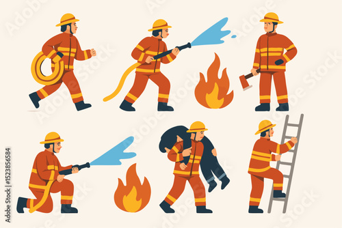 Firefighter actions set: Illustrated firefighter action set showcasing various poses and activities, conveying a sense of courage, skill, and heroism in the face of danger.
