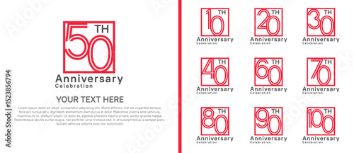 logo anniversary set. red color with square on white background for special event