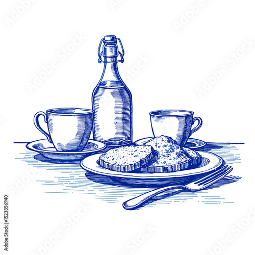 Vintage sketch of room service breakfast with cups and pastries  