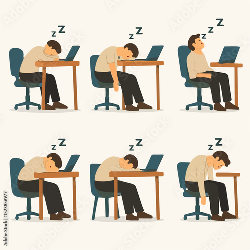 Vector Set Exhausted Man Sleeping at Desk in Chair