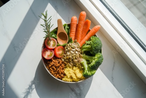 Colorful bowl of fresh vegetables and grains showcases a healthy meal on a bright kitchen counter during midday