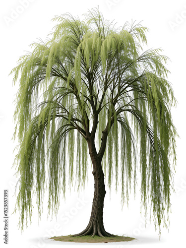 A solitary willow tree with drooping branches, isolated on a white background