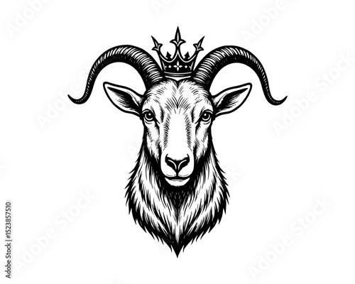 Goat Buck wearing a crown woodcut linocut engraving black and white outline. illustrated in vintage line ink print art style on a white background.
