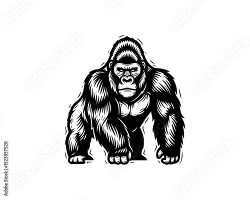 Standing Silverback Gorilla woodcut linocut engraving black and white outline. illustrated in vintage line ink print art style on a white background.
