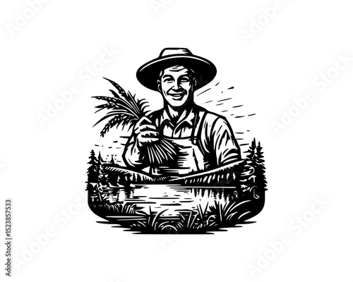 Happy Farmer holding his wheat harvest behind mountain lake pines, woodcut linocut engraving black and white outline. illustrated in vintage line ink print art style on a white background.