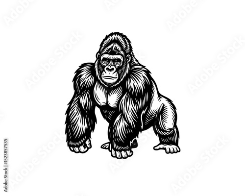 Standing Silverback Gorilla woodcut linocut engraving black and white outline. illustrated in vintage line ink print art style on a white background.