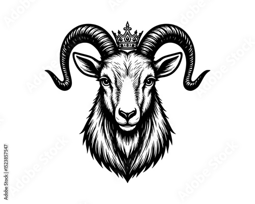 Goat Buck wearing a crown woodcut linocut engraving black and white outline. illustrated in vintage line ink print art style on a white background.