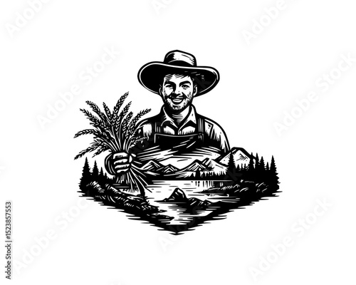 Happy Farmer holding his wheat harvest behind mountain lake pines, woodcut linocut engraving black and white outline. illustrated in vintage line ink print art style on a white background.