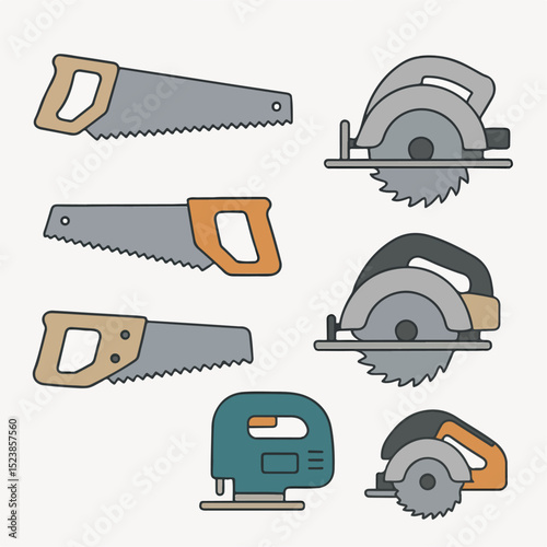 Vector Saw Collection: A set of various saw, including hand saws, circular saws, and a jigsaw, isolated on a white background, ideal for DIY, carpentry.