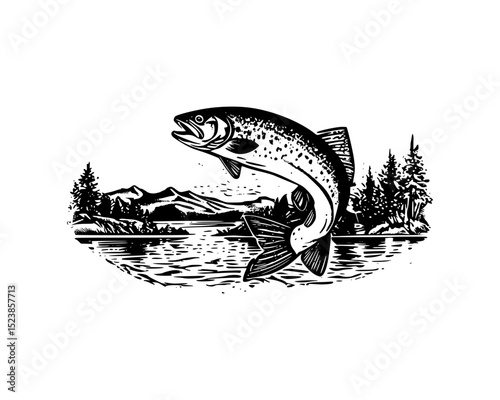 illustration of Trout Fish Jumping in front of natural llandscape lake mountains and pines in woodcut linocut engraving etching black ink print style 