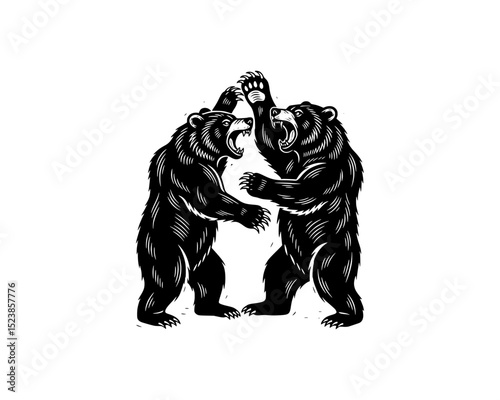 illustration of fighting of two grizzly bears in woodcut linocut engraving black ink print style 	