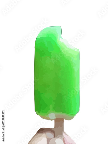 Vector of lemon vanilla green ice cream bar isolated on white with a bitten edge held by a hand at the bottom.