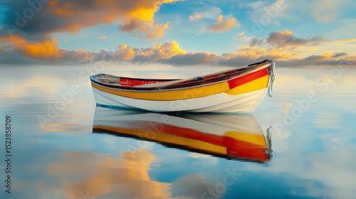 Colorful boat floating on calm water during sunset with vibrant sky reflection photo