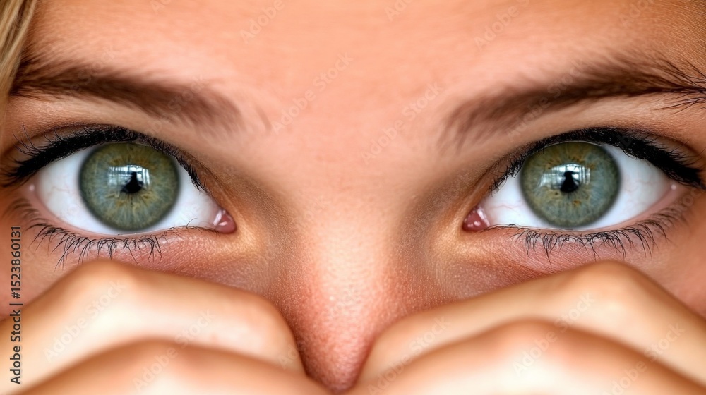 Obraz premium Close-up of a woman's face with striking green eyes and hands partially covering her nose