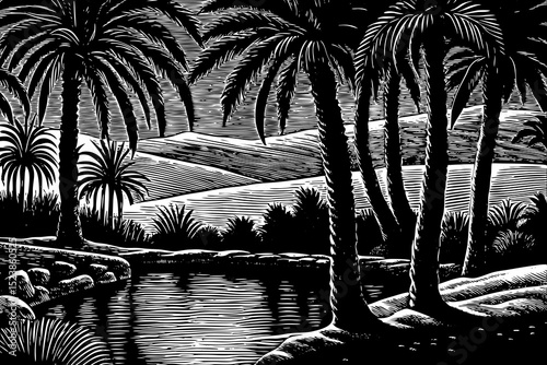 black and white sketch vector of an oasis in a dry desert with palm trees and still water