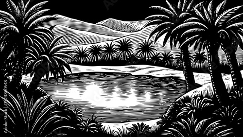 black and white sketch vector of an oasis in a dry desert with palm trees and still water