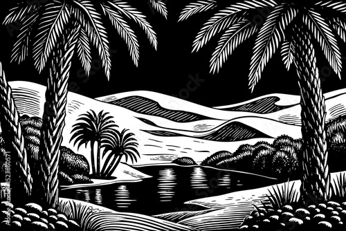 black and white sketch vector of an oasis in a dry desert with palm trees and still water