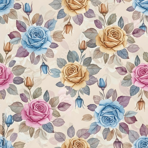 Seamless Watercolor Rose and Translucent Floral Pattern on Soft Beige Background