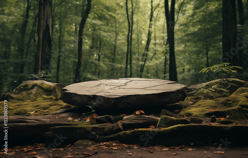 A large flat stone rests on a bed of moss, nestled among trees in a tranquil forest. Dappled sunlight filters through the leaves, creating a peaceful atmosphere and inviting nature lovers to explore