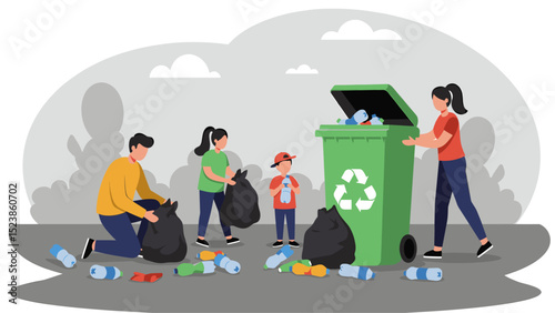 Family Cleaning Up Litter: Environmental Responsibility and Teamwork