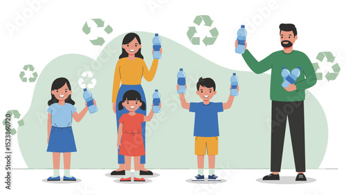 Happy Family Recycling Plastic Bottles, Environmental Conservation Illustration