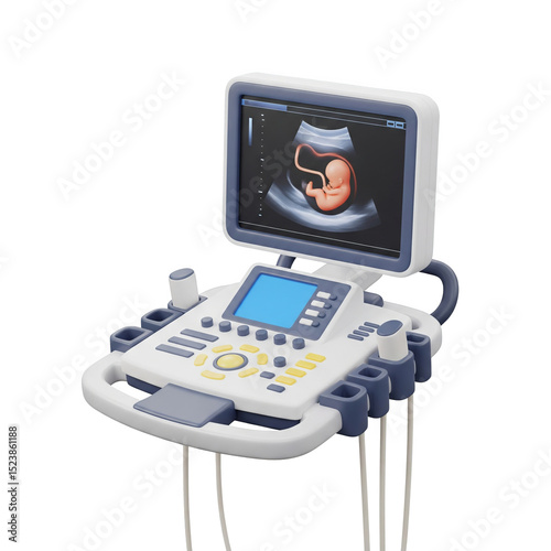 A detailed ultrasound machine displaying a baby scan, isolated on transparent background