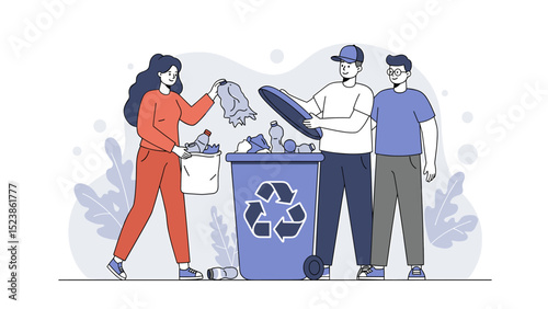 Teamwork for Recycling:  People Sorting Waste into Recycling Bin