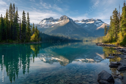 A crystal-clear alpine lake surrounded by snow-capped mountains