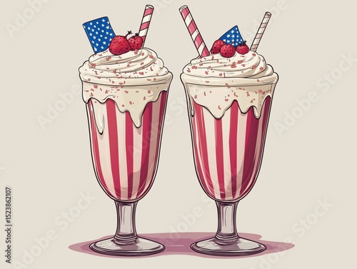Two illustrated milkshakes, each adorned with whipped cream, raspberries, a striped straw