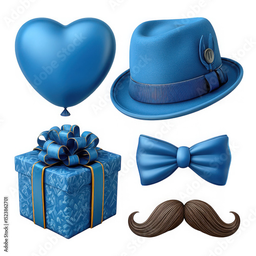 3d blue gift set hat balloon bow tie mustache isolated on transparent background