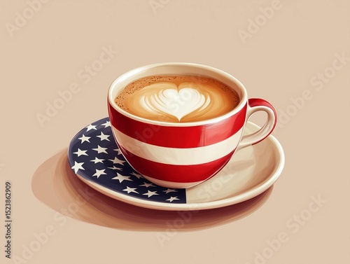A coffee cup in American flag design features heart latte art.