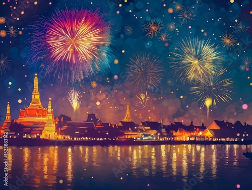 A dazzling fireworks spectacle illuminates a historical Thai temple and vibrant city skyline at night
