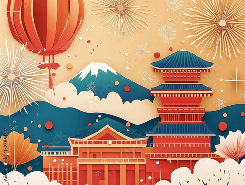 Handcrafted paper art in a soft color palette, featuring a serene oriental landscape with an pagoda, mountain, and festive fireworks