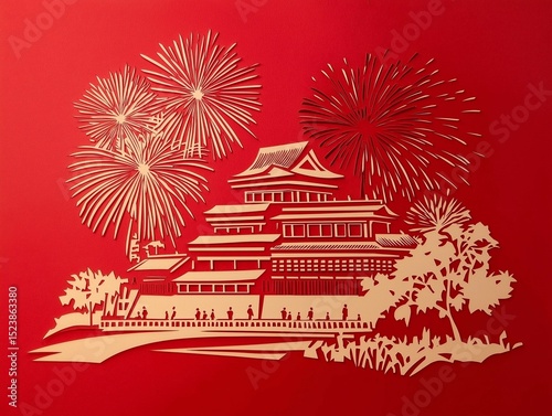A beautiful and detailed paper illustration depicting an imperial building surrounded by trees and stylized fireworks