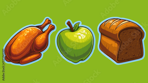 Colorful illustration of roasted chicken, green apple, and brown bread on bright background