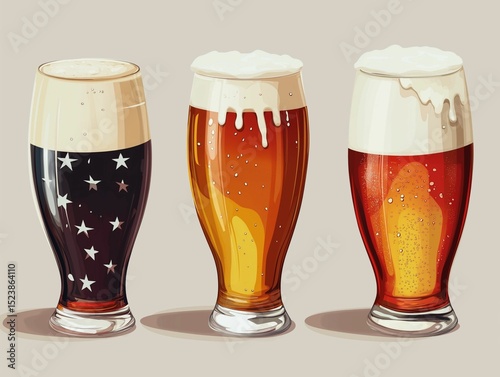 Three distinct glasses of beer, two amber and one dark with a star pattern