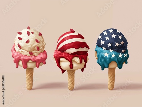 A trio of colorful ice cream pops showcasing festive and sweet toppings