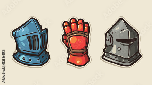 Medieval armor pieces displayed including a helmet, gauntlet, and faceplate on a neutral background