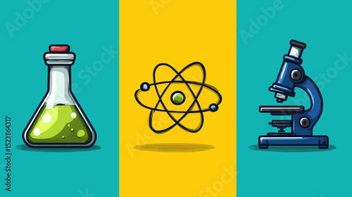 Educational symbols of science including a flask, an atom, and a microscope against a colorful background