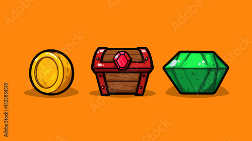 Colorful coins, treasure chest, and a green gem displayed against a bright orange background showcasing playful design elements