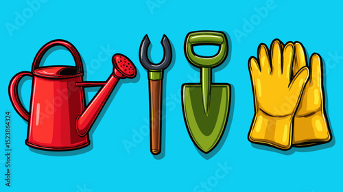 Gardening tools arranged on a bright blue background showcasing vibrant colors and essential equipment for plant care