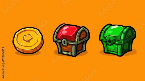 Colorful collection of treasure chests and a coin against a bright orange background