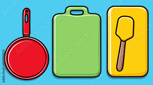 Kitchen utensils displayed against a vibrant blue background featuring a red strainer, green cutting board, and yellow spatula