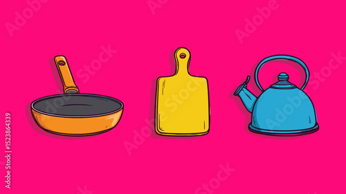 Kitchen utensils in vibrant colors displayed against a bright pink background create a lively cooking atmosphere